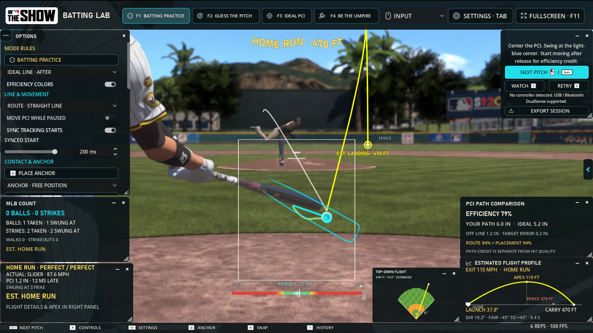 Batting Lab training screen showing four practice modes, PCI path comparison, swing timing, count feedback, and estimated batted-ball flight.